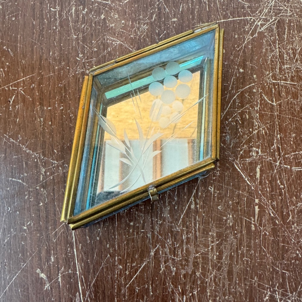 Vintage Brass Diamond Stained Glass Trinket Box Blue‎ Etched Floral Mirrored